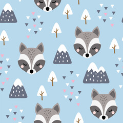 cute grey raccoon scandinavian light blue forest with trees and pines, mountains and abstract triangles. Kids wildlife seamless pattern desigh for fabric and textile print