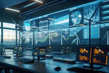 High-Tech Control Room Monitoring Renewable Energy Sources with Engineers Analyzing Solar and Wind Data