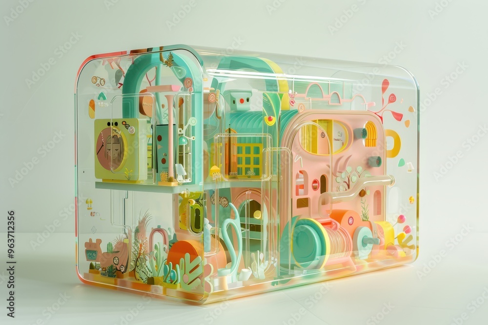 Poster colorful miniature desert scene with whimsical structures and playful details captured during daylig