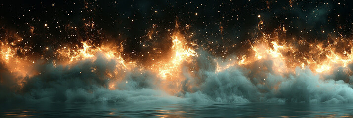 Fiery clouds ignite the night sky, creating a dramatic and ethereal scene.