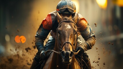 Jockey at horse racing competition. Rider on horse during a race