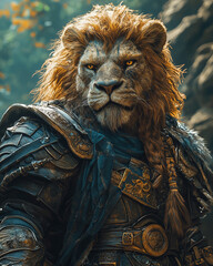 majestic lion beastfolk warrior with braids and battle worn armor standing strong in the forest