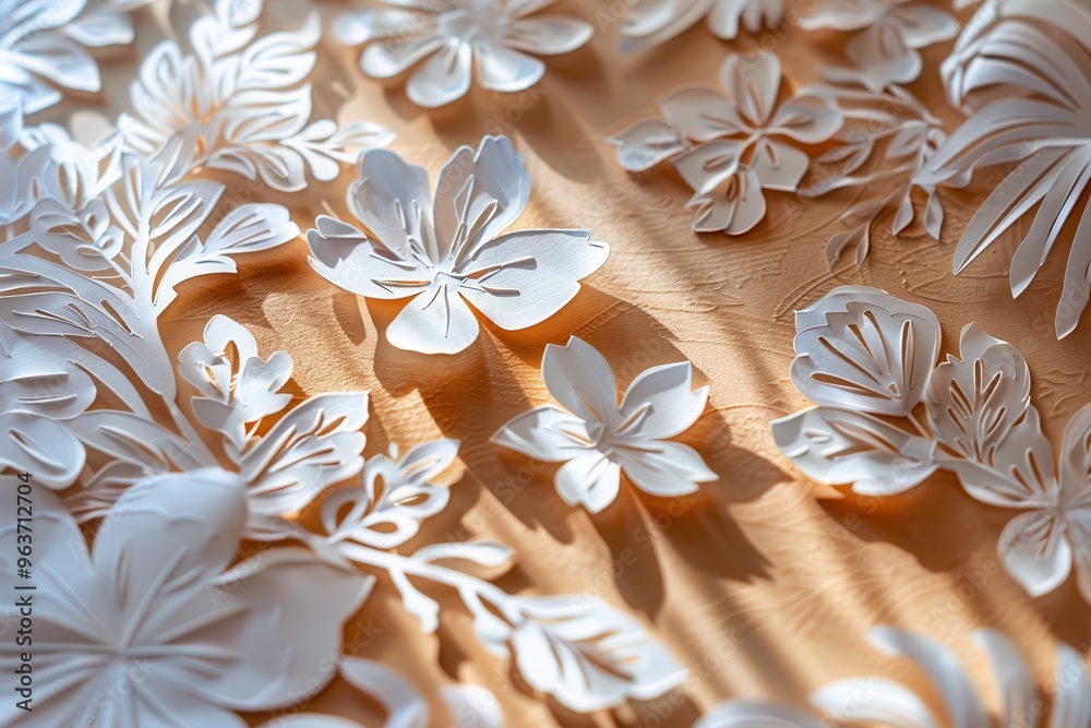 Poster intricate white paper floral designs scattered elegantly on a textured background, showcasing crafts