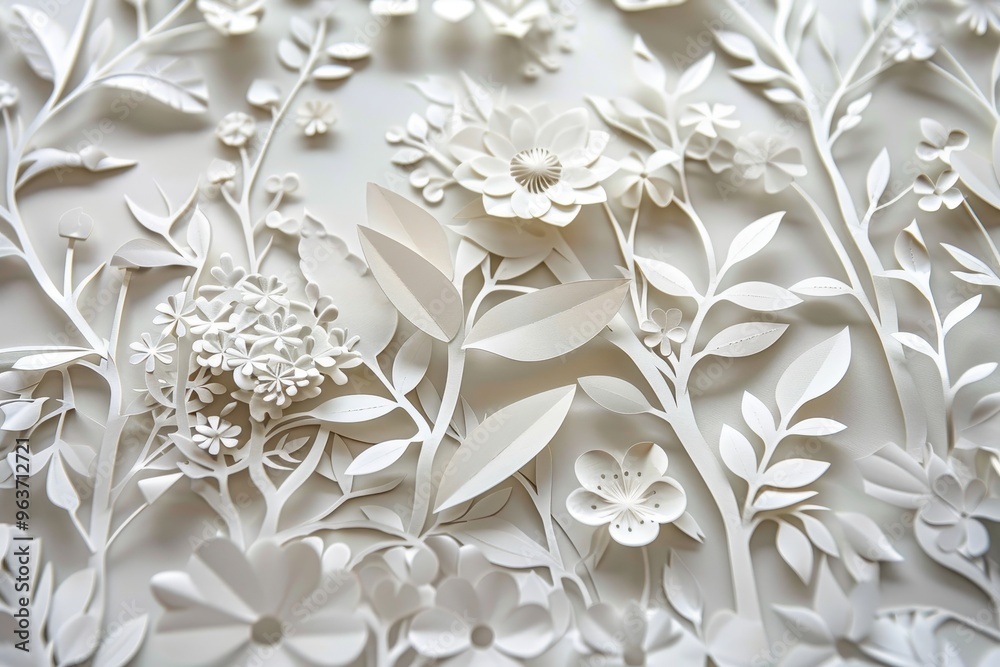 Poster intricate white paper floral designs scattered elegantly on a textured background, showcasing crafts