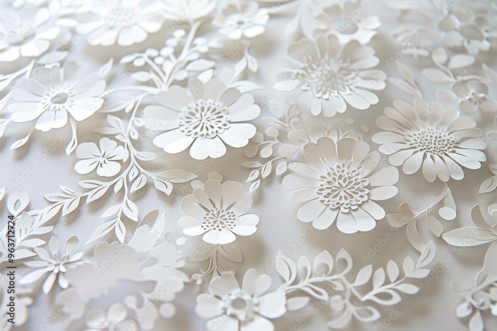 Poster intricate white paper floral designs scattered elegantly on a textured background, showcasing crafts