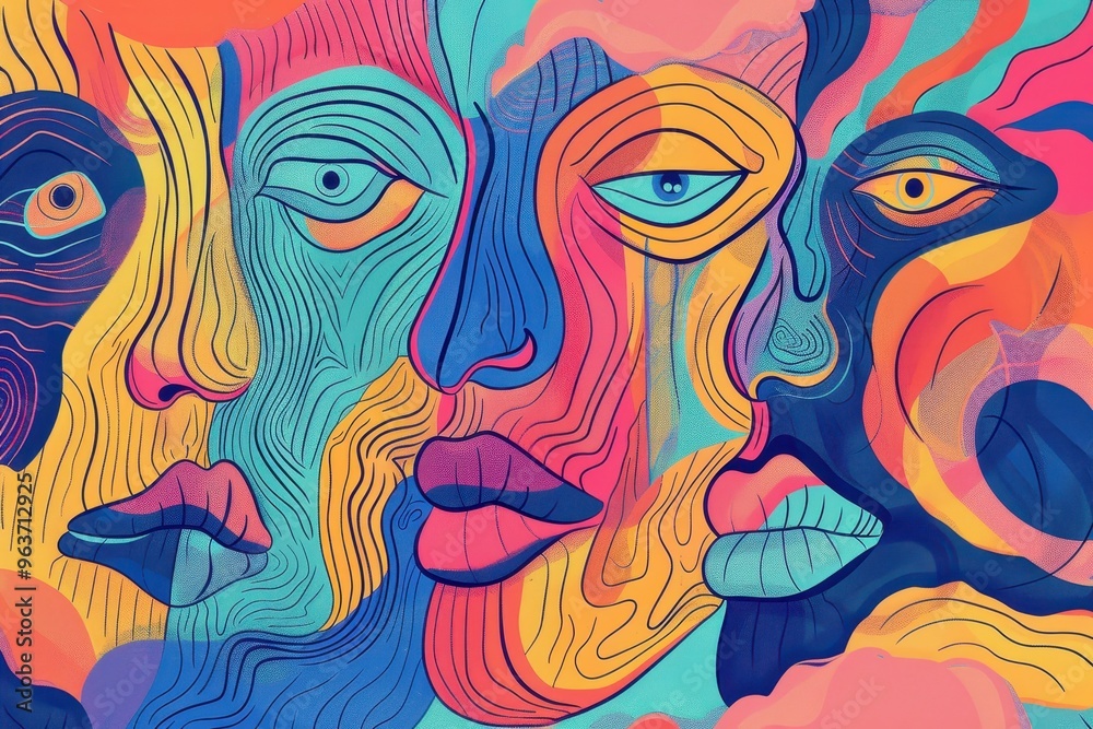 Poster a colorful abstract depiction of a woman's face blending with swirling vibrant patterns, showcasing 