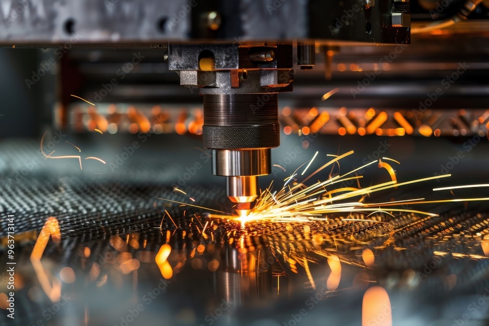 Poster High-precision laser cutting machine in action, creating sparks as it processes metal sheets in a workshop at night