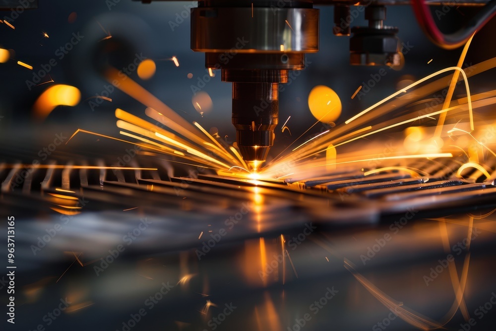 Poster High-precision laser cutting machine in action, creating sparks as it processes metal sheets in a workshop at night