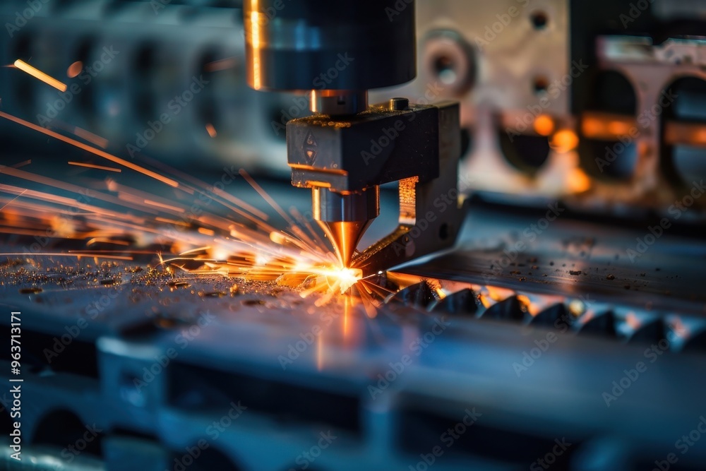 Poster High-precision laser cutting machine in action, creating sparks as it processes metal sheets in a workshop at night