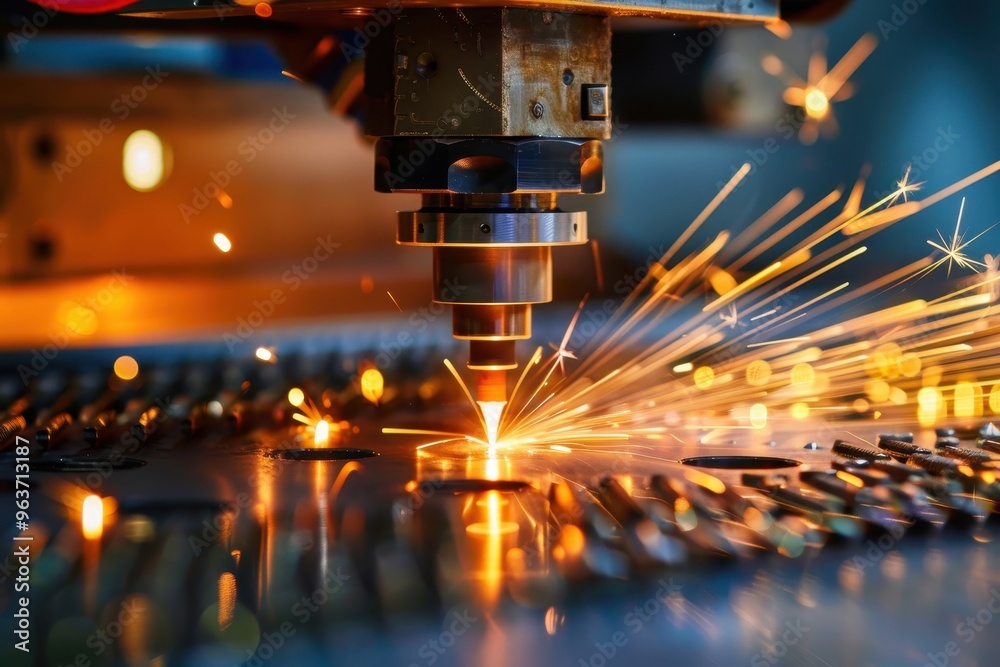 Poster High-precision laser cutting machine in action, creating sparks as it processes metal sheets in a workshop at night