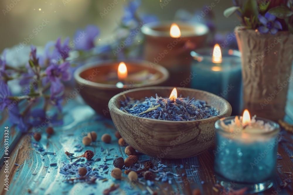 Poster Lavender and herbs arranged on a wooden table with candles and essential oils, creating a tranquil atmosphere in a cozy space during sunset