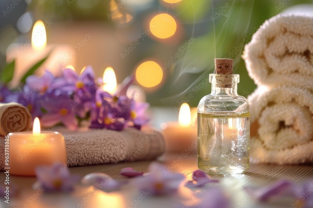 Poster Lavender and herbs arranged on a wooden table with candles and essential oils, creating a tranquil atmosphere in a cozy space during sunset