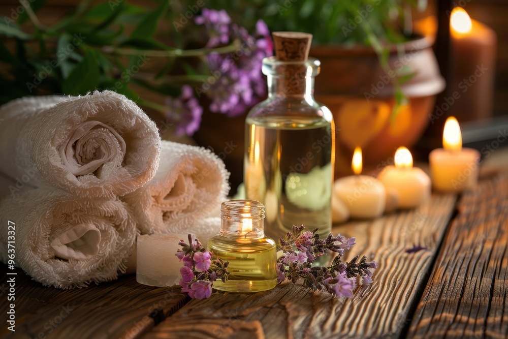 Poster lavender and herbs arranged on a wooden table with candles and essential oils, creating a tranquil a