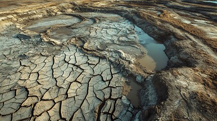 An aerial shot of a dried reservoir, with the outlines of its former banks clearly visible against the cracked mud that now fills its basin.