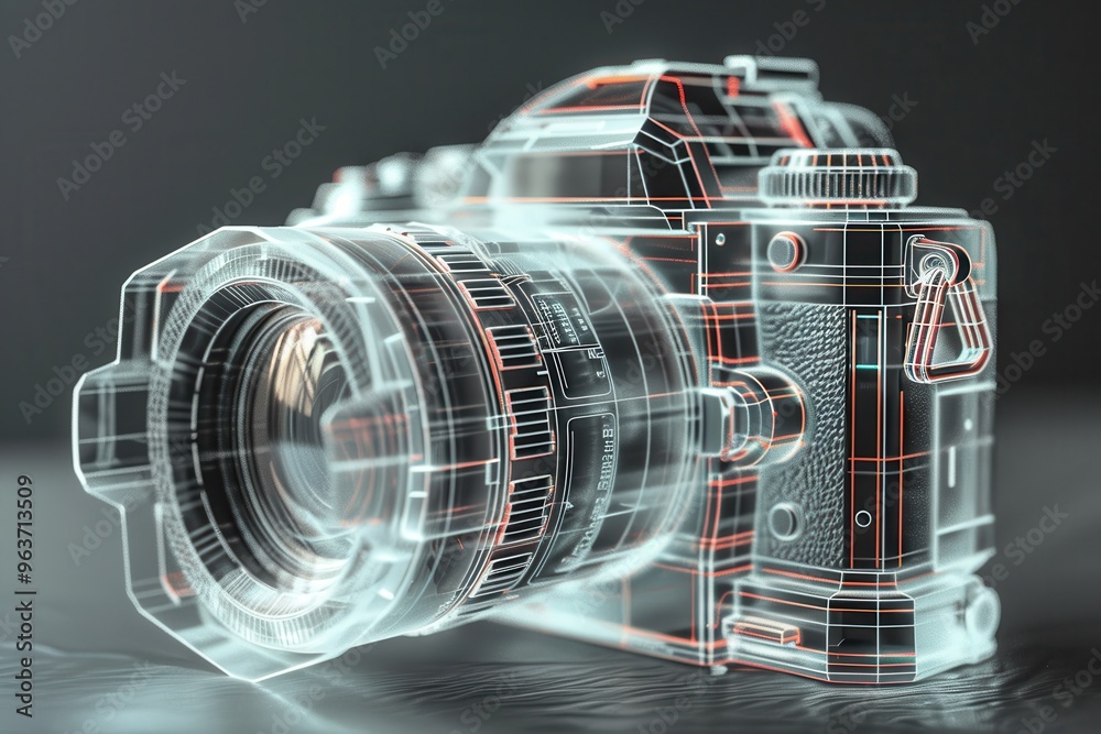 Leinwandbilder An artistic representation of a transparent digital camera model showcasing intricate internal components and design details in a minimalist setting