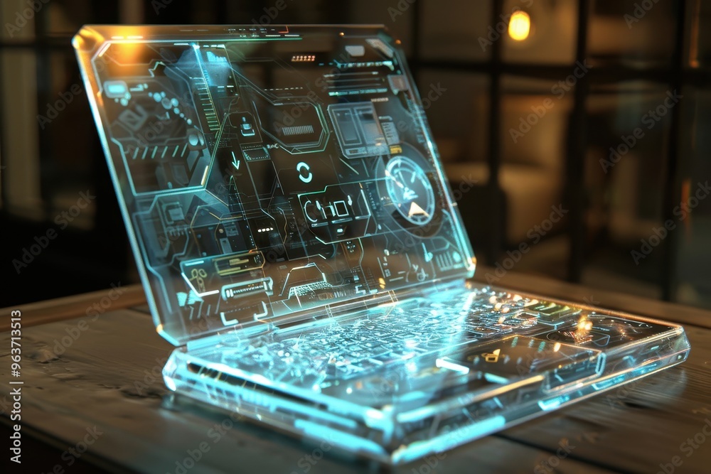 Aufkleber A futuristic transparent laptop showcasing advanced technology with glowing interface elements on a wooden surface in a modern workspace setting