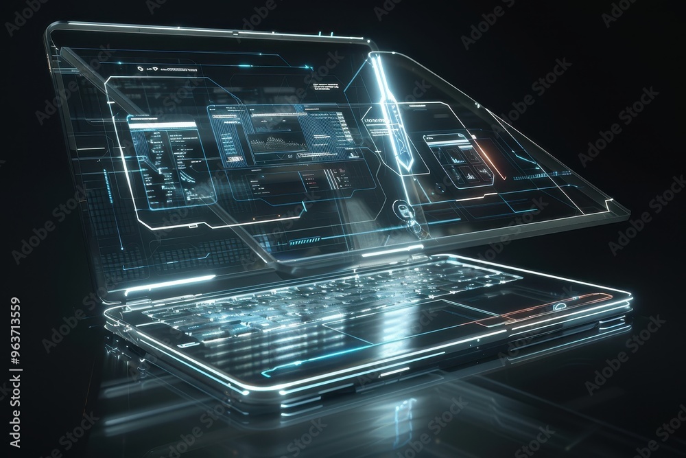 Aufkleber A futuristic transparent laptop showcasing advanced technology with glowing interface elements on a wooden surface in a modern workspace setting