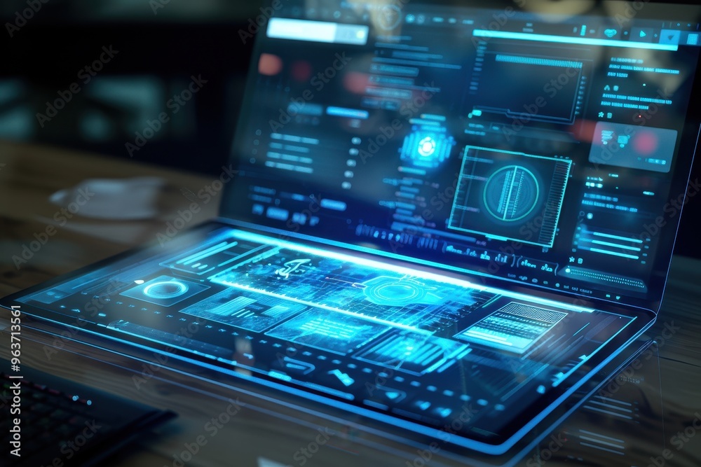 Aufkleber A futuristic transparent laptop showcasing advanced technology with glowing interface elements on a wooden surface in a modern workspace setting