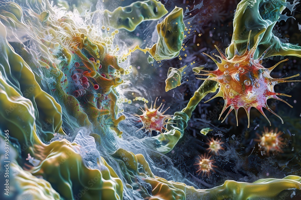Poster Close-up view of microscopic cells with long extensions interacting in a dark, fluid environment during a scientific exploration of cellular behavior