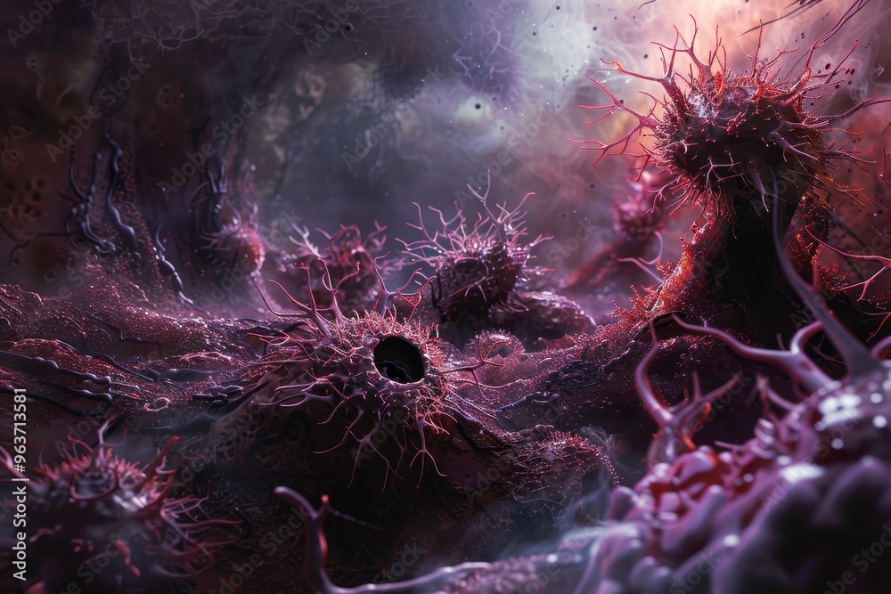 Poster Close-up view of microscopic cells with long extensions interacting in a dark, fluid environment during a scientific exploration of cellular behavior