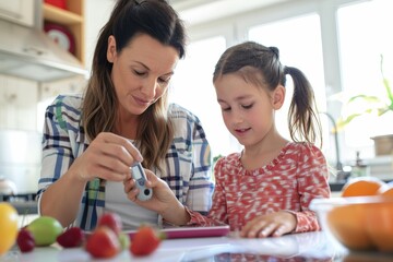 Mother Teaching Daughter to Use Glucose Meter in Bright Kitchen - Diabetes Awareness and Education Concept