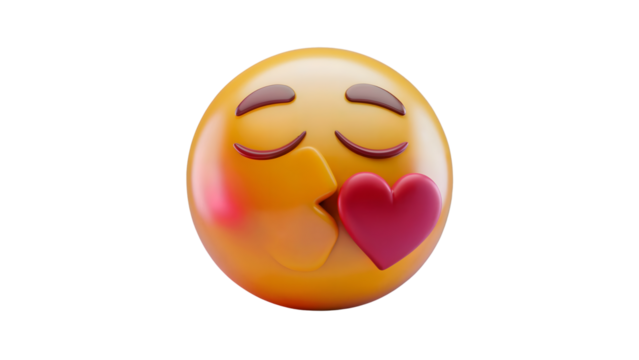 A 3D emoji with closed eyes blowing a kiss, represented by a small red heart near its lips - Powered by Adobe