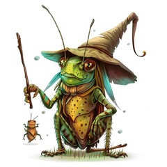 Fototapeta premium Grasshopper Enchanter Occupation fantasy animal cartoon isolated whitebackground