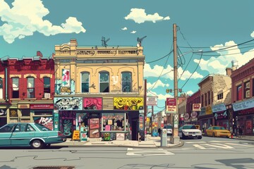 A vibrant urban streetscape showcasing colorful storefronts and graffiti art in a bustling neighborhood during a sunny afternoon