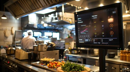 High-Tech Restaurant Kitchen Dashboard for Real-Time Energy Monitoring and Savings Efficiency