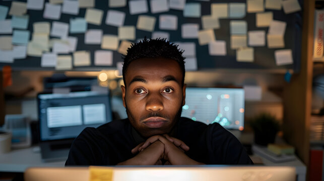 A person sitting at a desk, looking intently at a computer screen with blank expression.