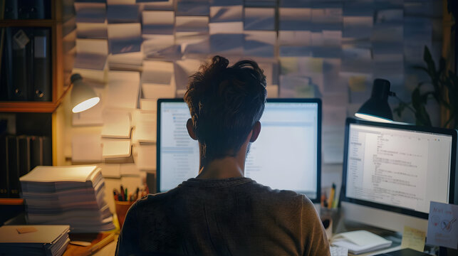 Someone looking at their computer screen with a blank expression, lost in thought or concentration.
