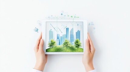 A closeup of hands holding a tablet displaying a green business growth chart, with a clean, white background and space on either side for text copy