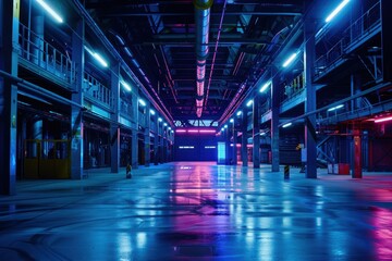 Workers engaged in various tasks inside a bustling factory in the evening, showcasing machinery and workstations in a well-lit industrial setting