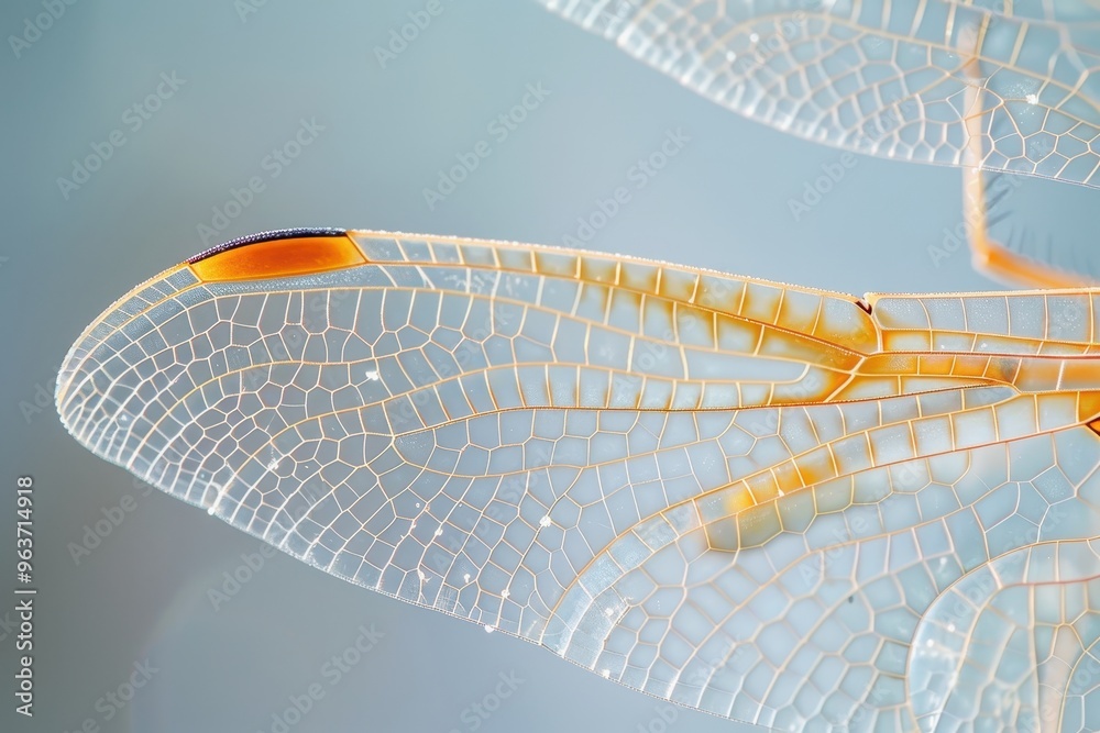 Aufkleber Close-up of a delicate dragonfly wing showcasing intricate patterns and textures against a soft blue background
