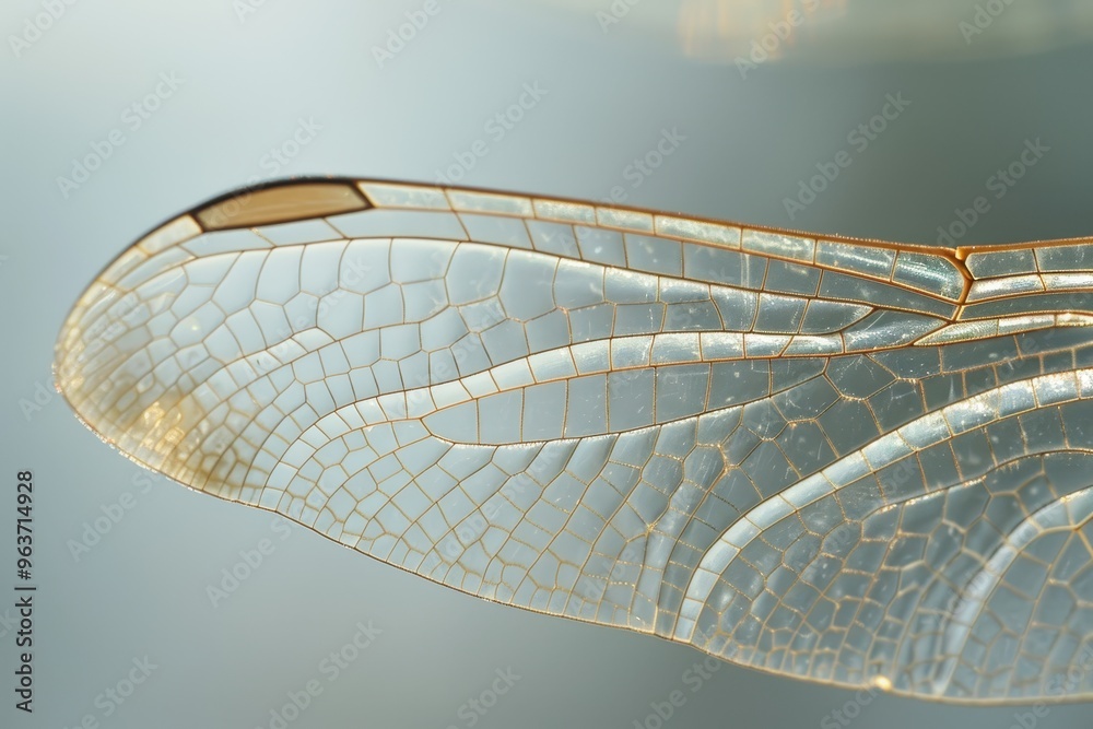 Aufkleber Close-up of a delicate dragonfly wing showcasing intricate patterns and textures against a soft blue background