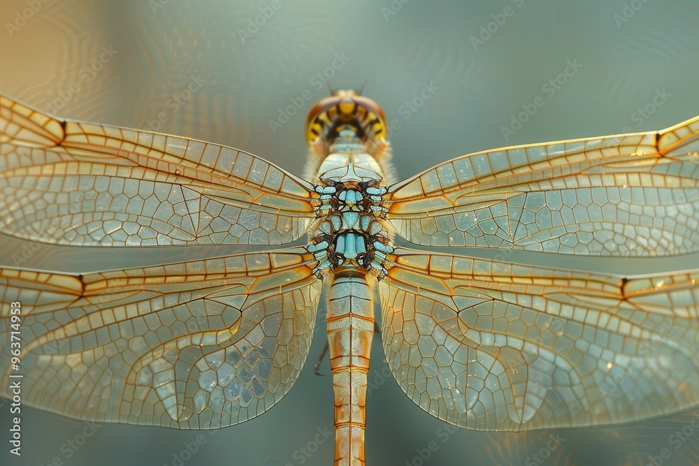 Aufkleber Close-up of a delicate dragonfly wing showcasing intricate patterns and textures against a soft blue background
