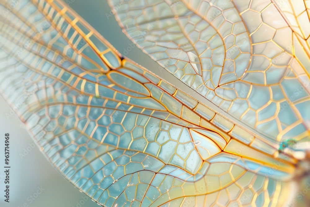 Poster Close-up of a delicate dragonfly wing showcasing intricate patterns and textures against a soft blue background