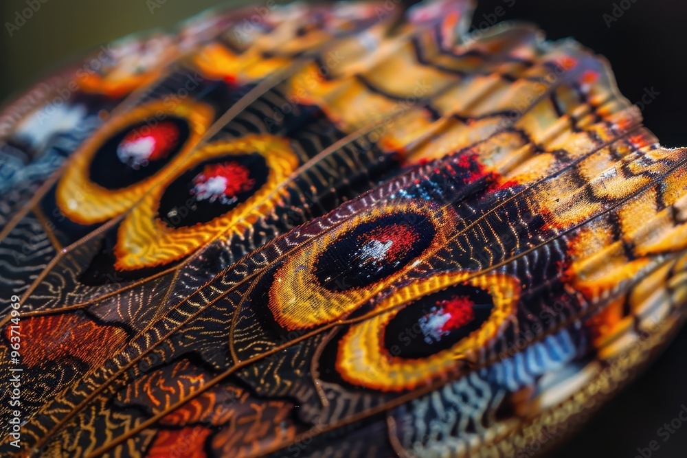 Poster close-up of a vibrant butterfly wing showcasing intricate patterns during daylight in a lush garden 
