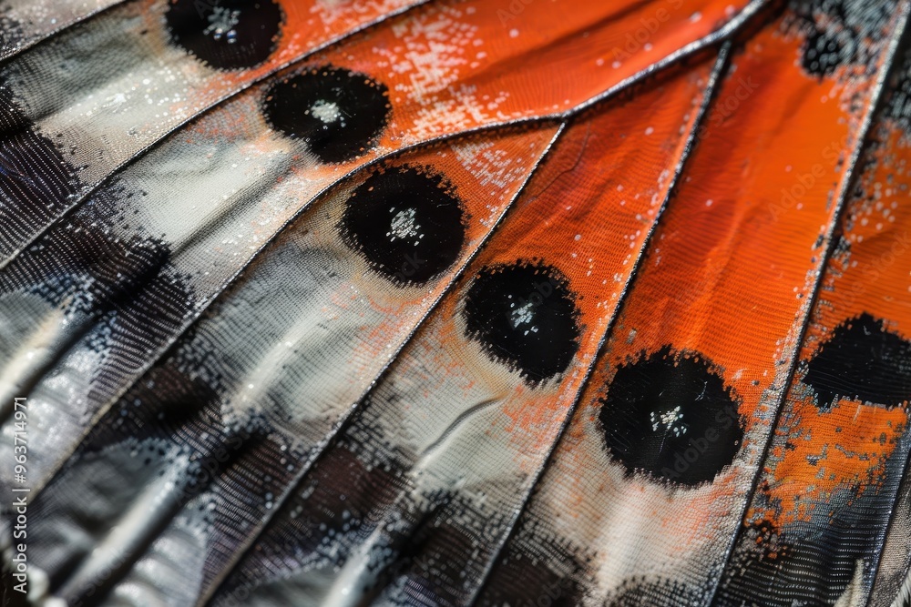 Poster close-up of a vibrant butterfly wing showcasing intricate patterns during daylight in a lush garden 