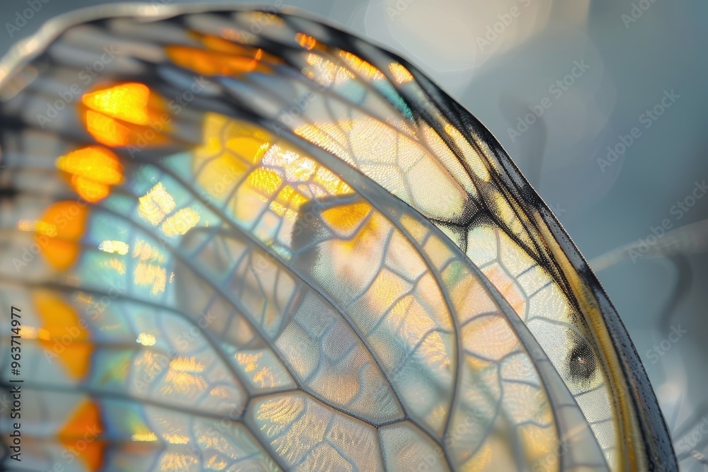 Poster close-up of a vibrant butterfly wing showcasing intricate patterns during daylight in a lush garden 