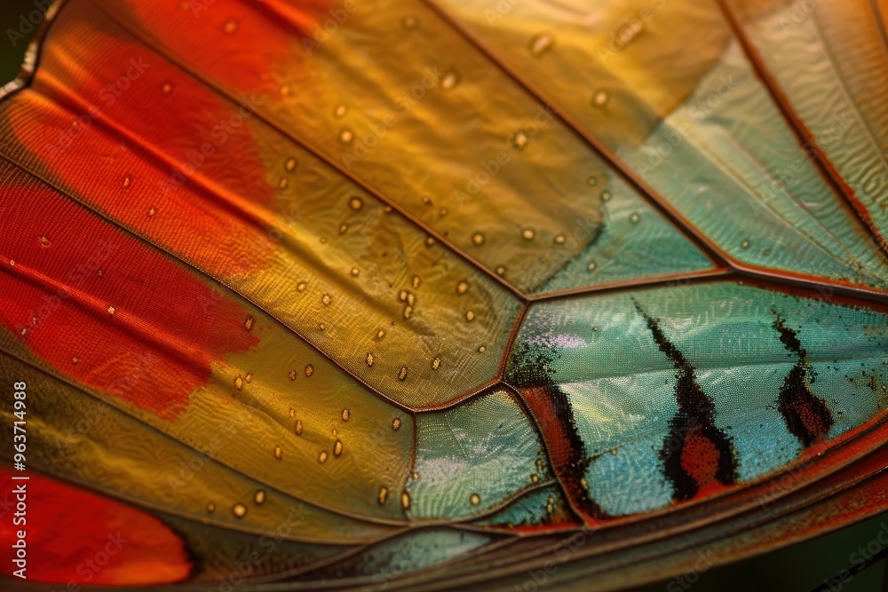 Poster close-up of a vibrant butterfly wing showcasing intricate patterns during daylight in a lush garden 