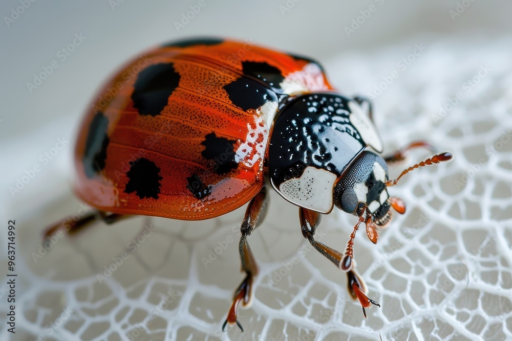 Poster a close-up of a colorful ladybug resting on a green leaf surrounded by soft foliage in a serene gard