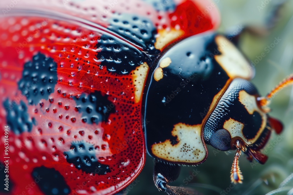 Poster a close-up of a colorful ladybug resting on a green leaf surrounded by soft foliage in a serene gard