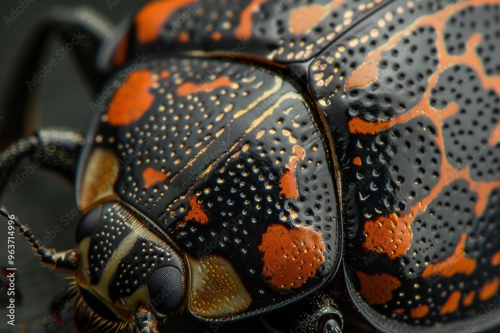 Poster a close-up of a colorful ladybug resting on a green leaf surrounded by soft foliage in a serene gard