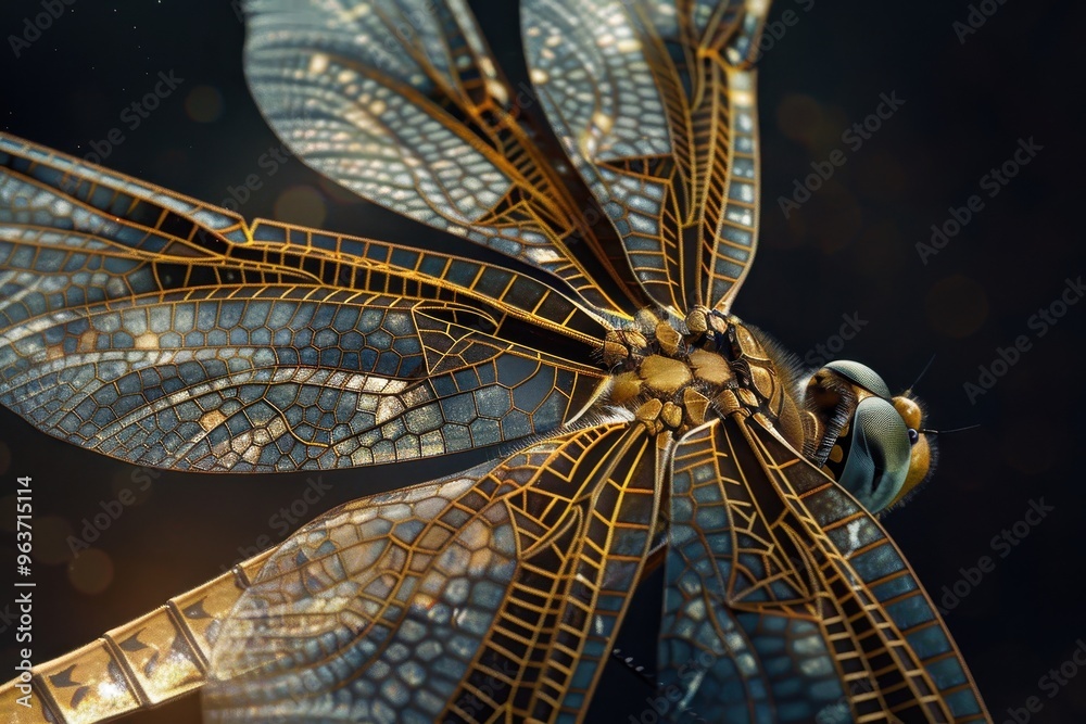 Poster A close-up view of a dragonfly showcasing intricate patterns and vibrant colors against a dark background, capturing nature's details