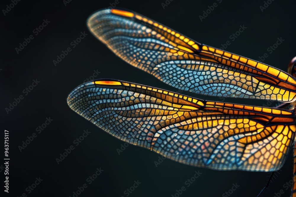 Poster A close-up view of a dragonfly showcasing intricate patterns and vibrant colors against a dark background, capturing nature's details