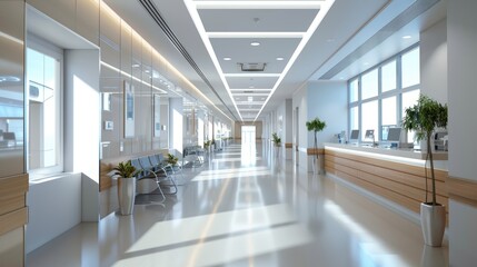 Obraz premium Modern Eco-Friendly Hospital Corridor with Energy-Efficient Lighting and Renewable Energy Sources