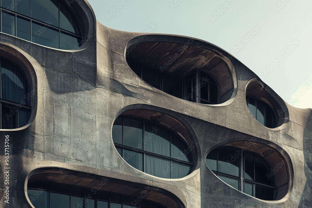 Poster Unique architectural design featuring circular windows on a concrete facade in an urban setting during a cloudy day