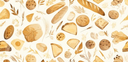 Seamless Pattern of Line Art Doodles Featuring Breads, Pastries, and Buns  on White Background
