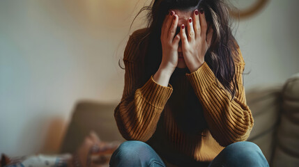 A woman in a dark room feeling insecure and overwhelmed by negative thoughts and emotions.